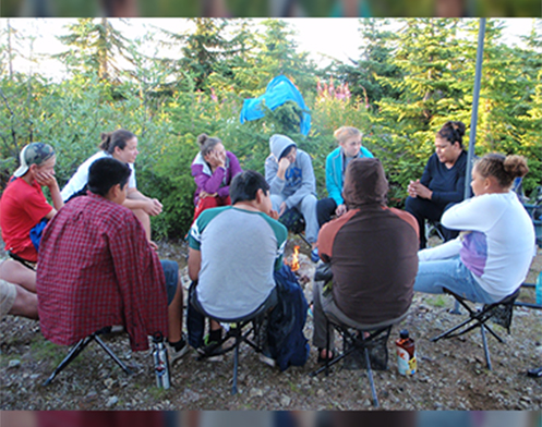 Storytelling by the fire with a group of adults and young people 